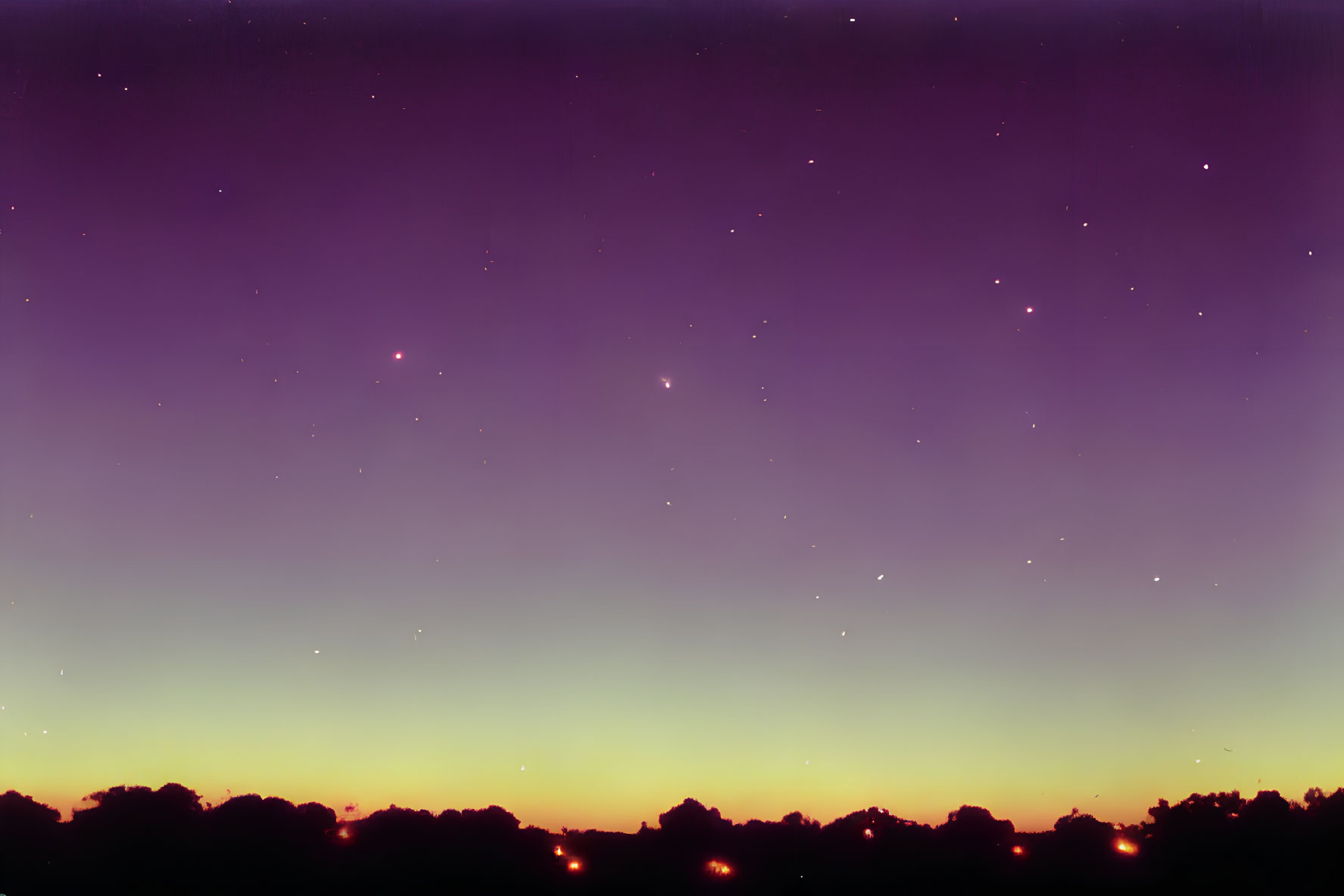 Twilight sky gradient from purple to yellow with stars above tree silhouette.