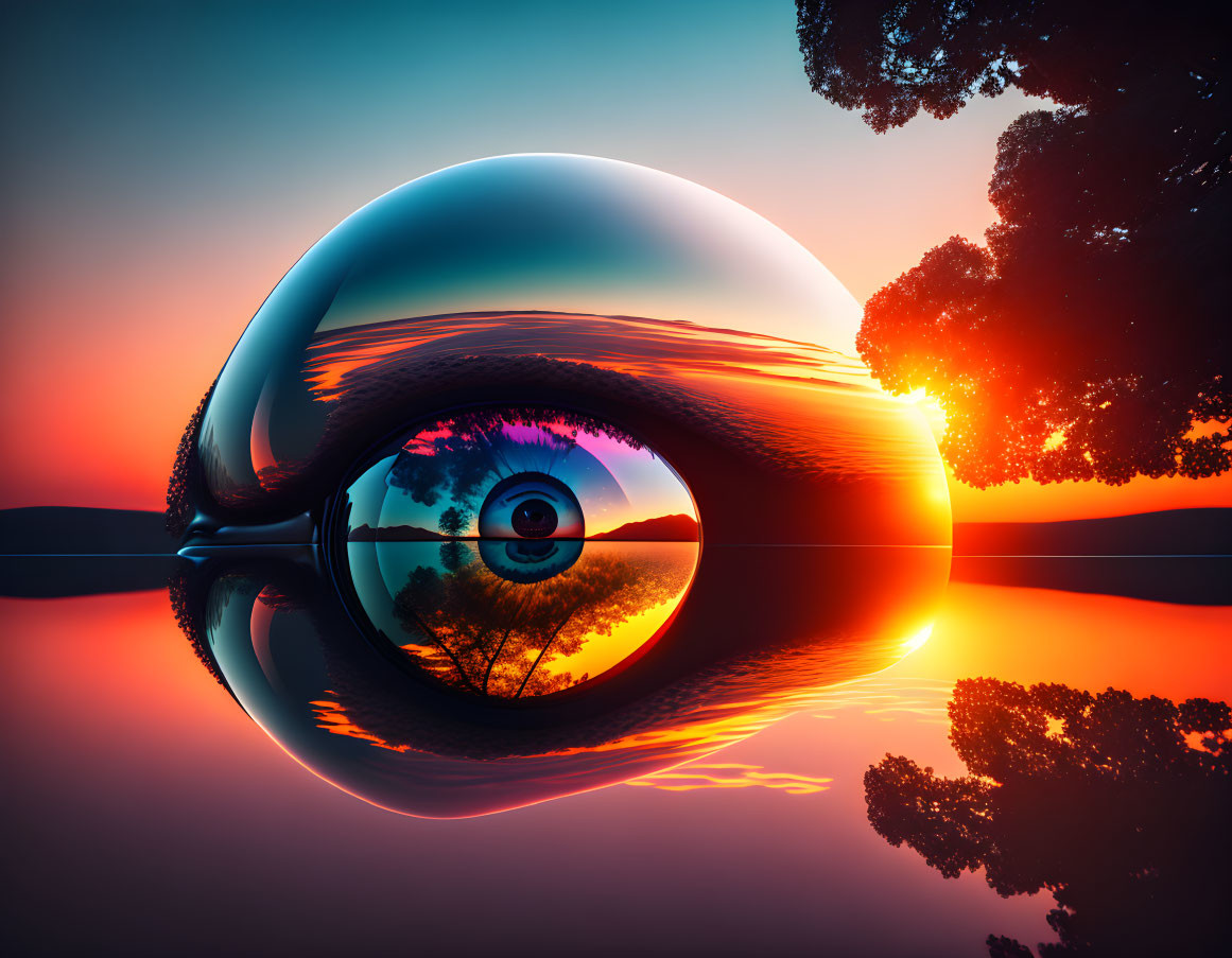 Reflective orb sculpture with embedded eye overlooking serene sunset landscape