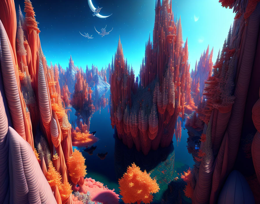 Colorful alien landscape with coral-like structures, blue skies, and two moons.