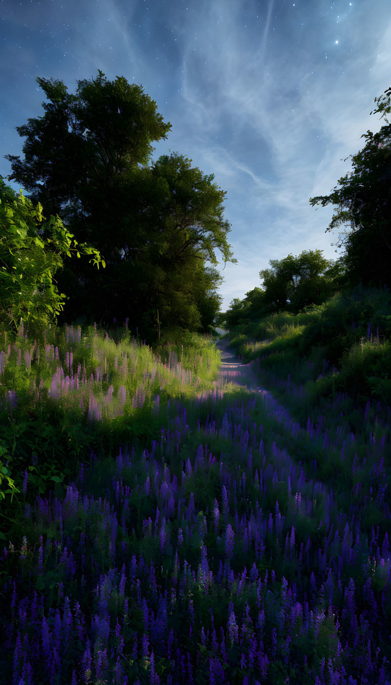 Tranquil night landscape with starry sky and lupines in front of dense trees