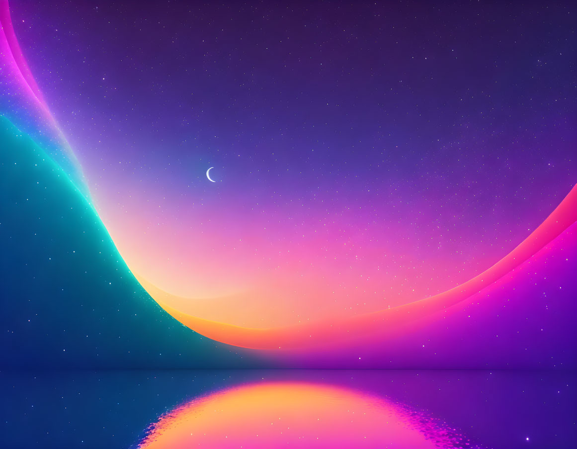 Neon gradient sky over reflective water with crescent moon