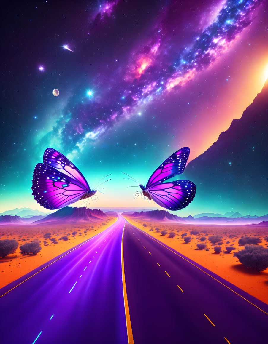 Colorful desert highway with surreal butterflies under starry sky