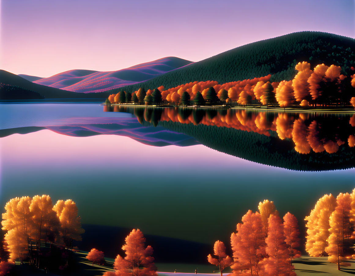 Tranquil lake sunset with fall foliage reflections