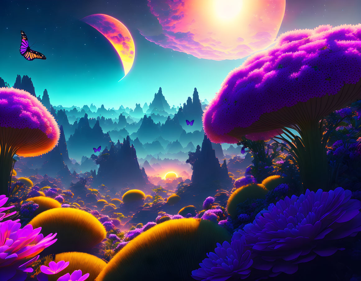 Colorful Digital Art: Purple and Yellow Mushroom Trees, Moon, Butterflies, Mountains, Starry