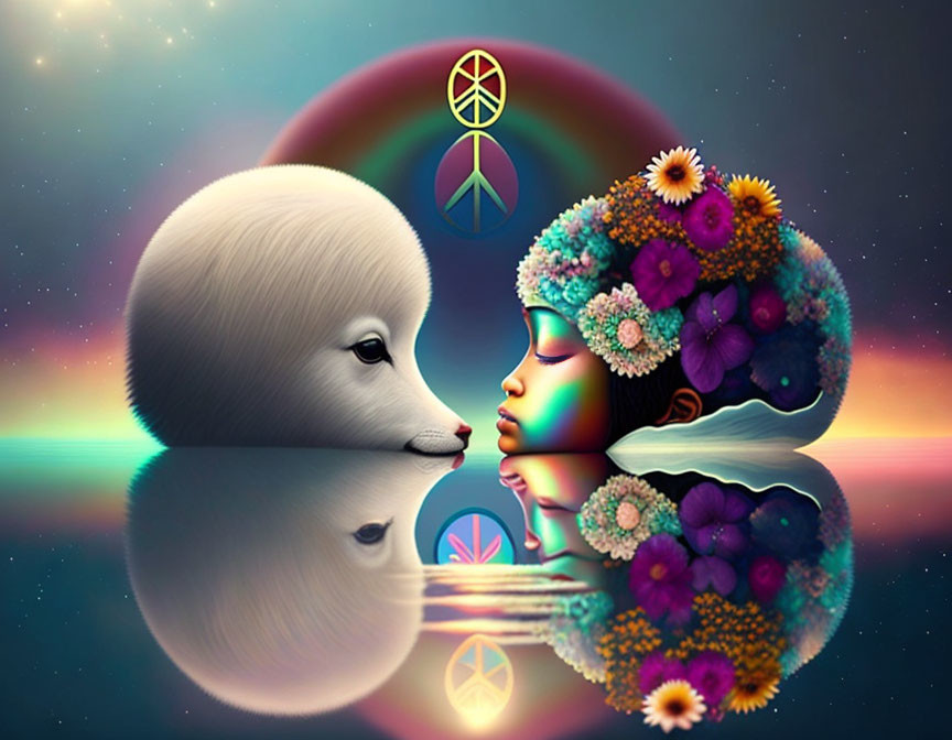 Surreal artwork: Person with floral head nuzzling seal under cosmic sky