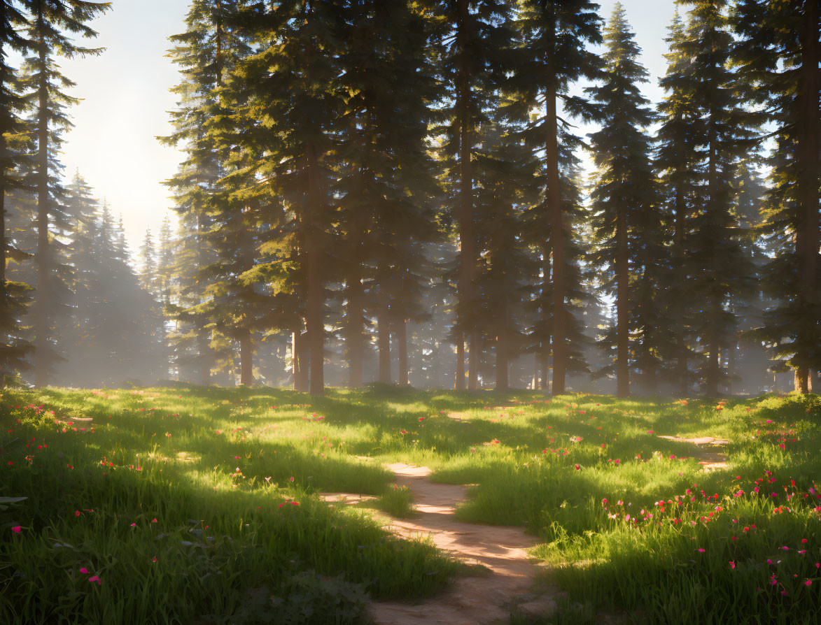 Tranquil forest scene with sunlight through pine trees