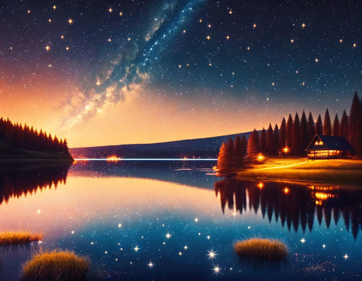 Starry night sky over serene lake with Milky Way reflection near lit cabin