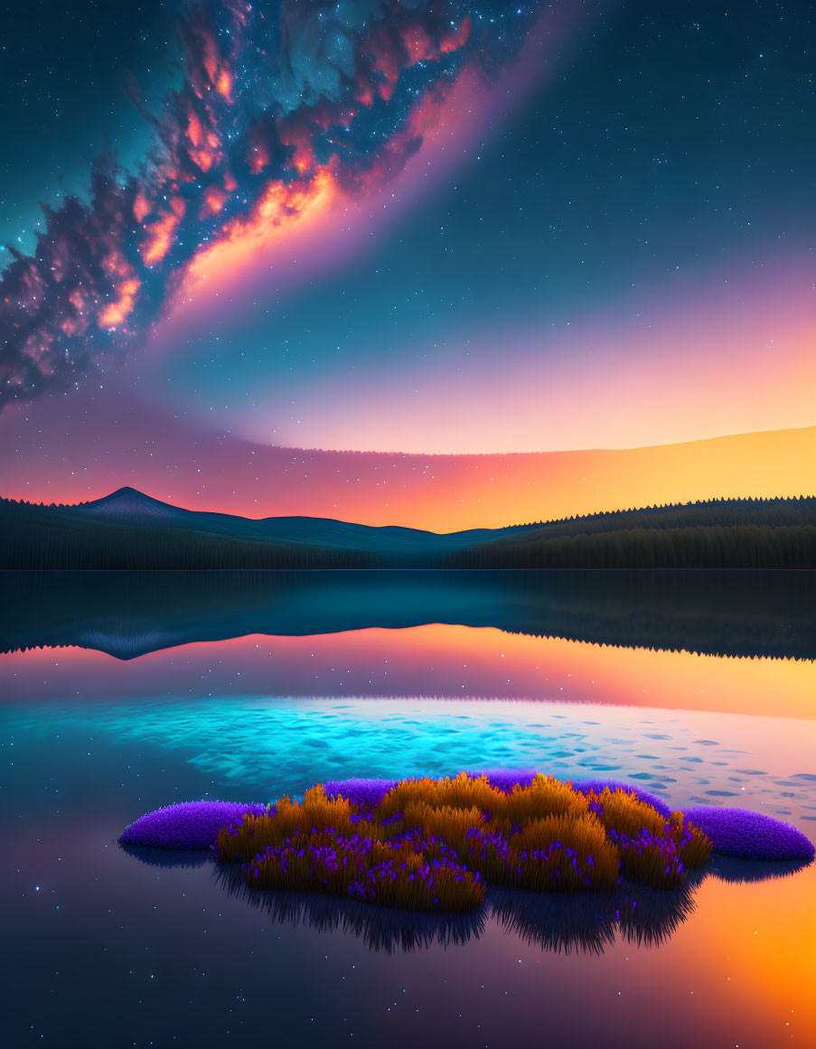 Colorful sunset over serene lake with starry sky and island of flowers