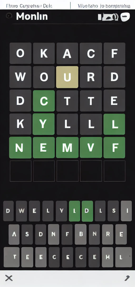 Game interface with highlighted letters for word puzzle.