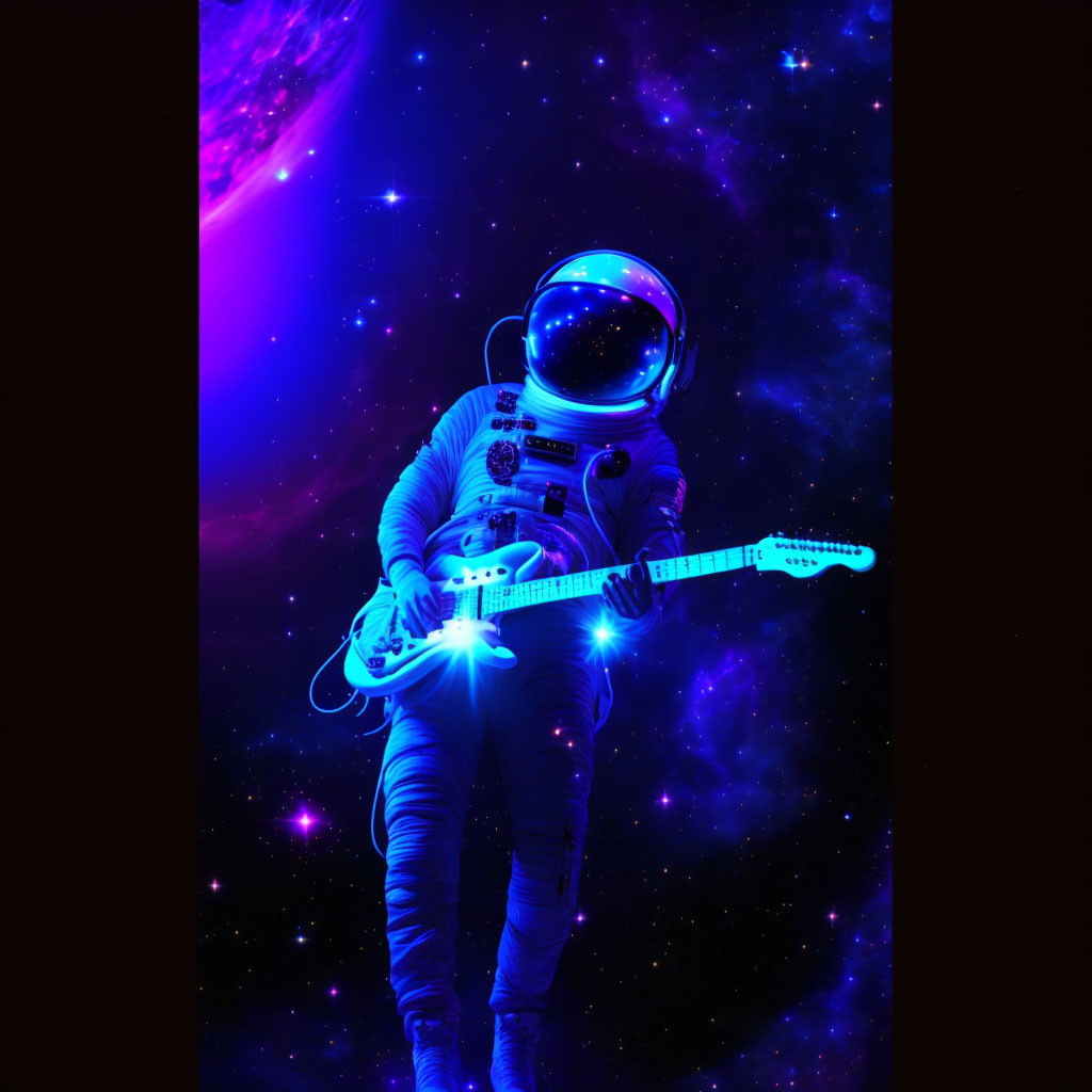 Astronaut playing electric guitar in vibrant cosmic nebulae