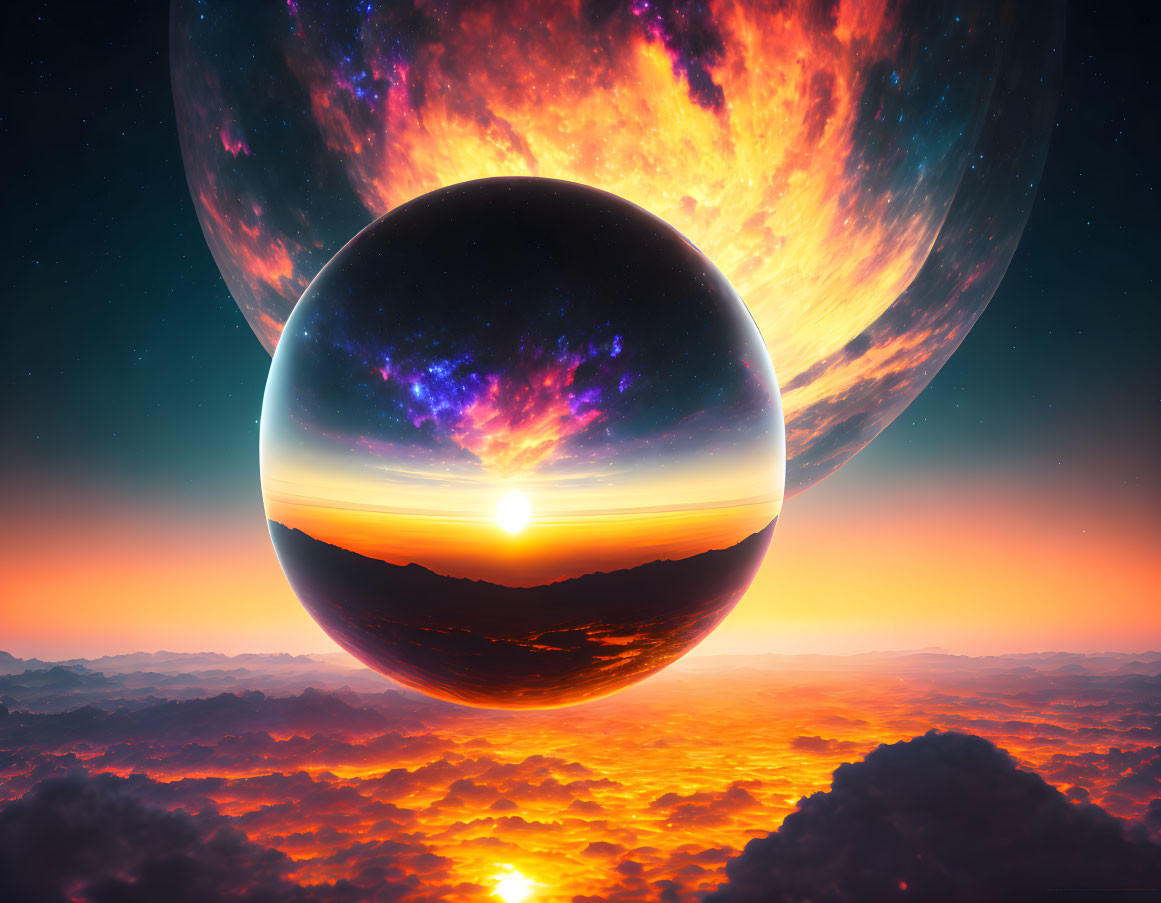 Sci-fi landscape with sunset, oversized planets, fiery clouds