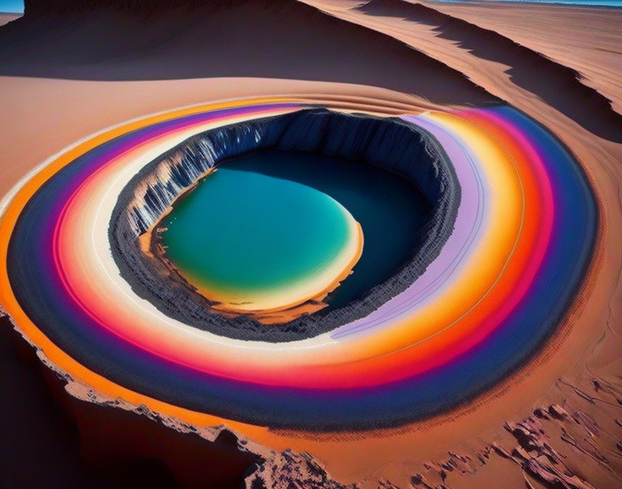 Colorful Circular Geological Formation with Central Water Body in Desert