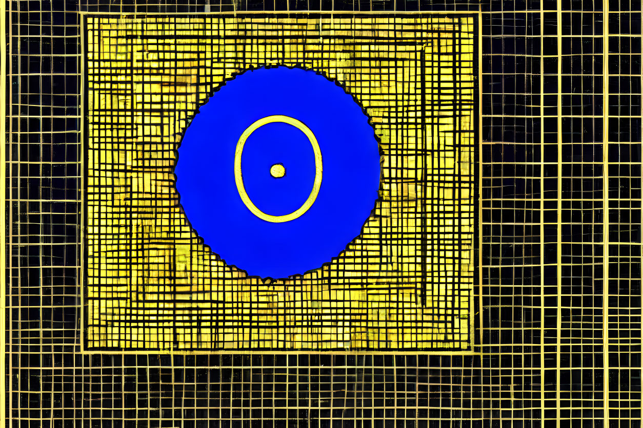 Blue Concentric Circle Design on Grid Background with Yellow Hues