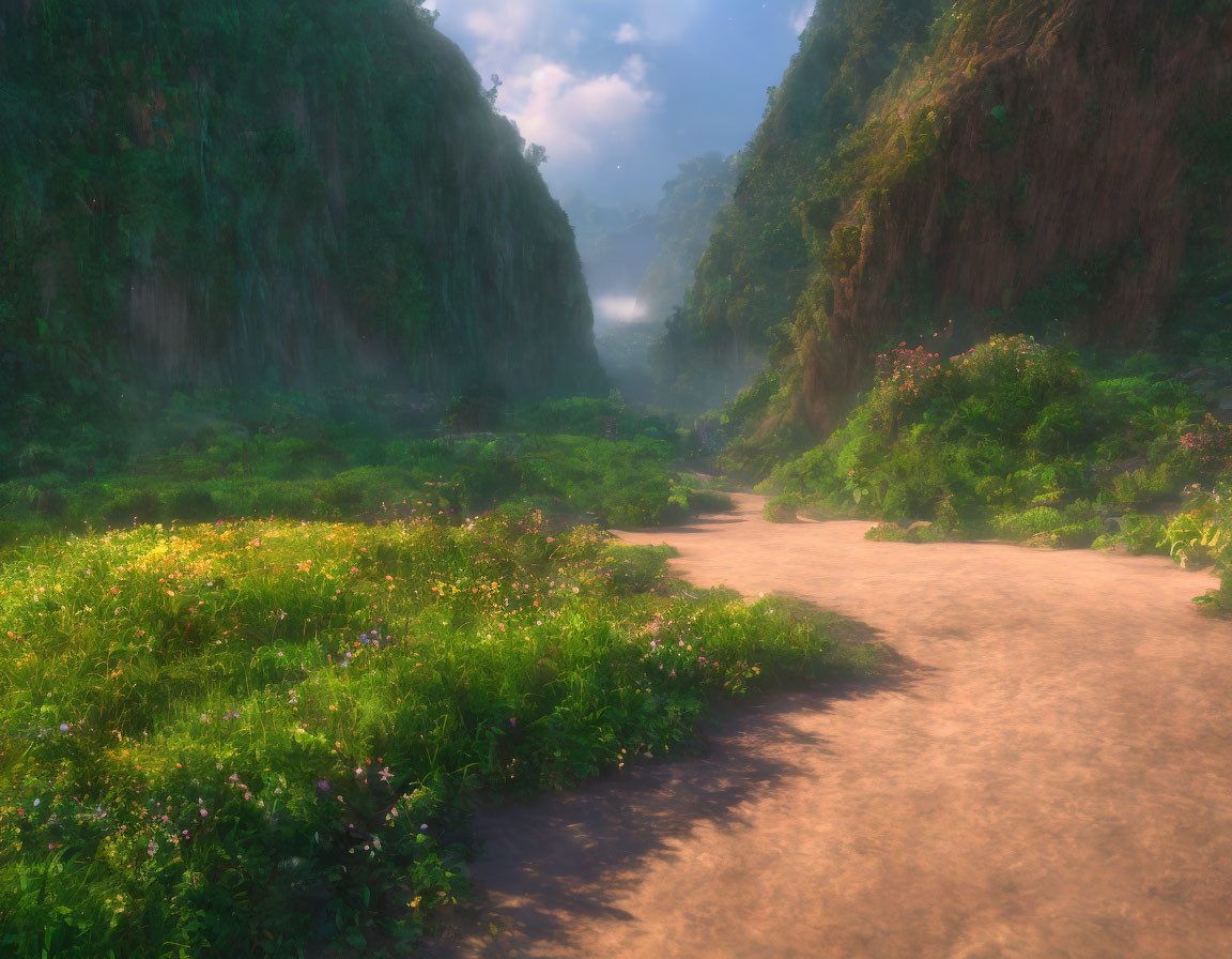 Tranquil Valley Landscape with Dirt Path, Greenery, Wildflowers, and Misty Sunlight