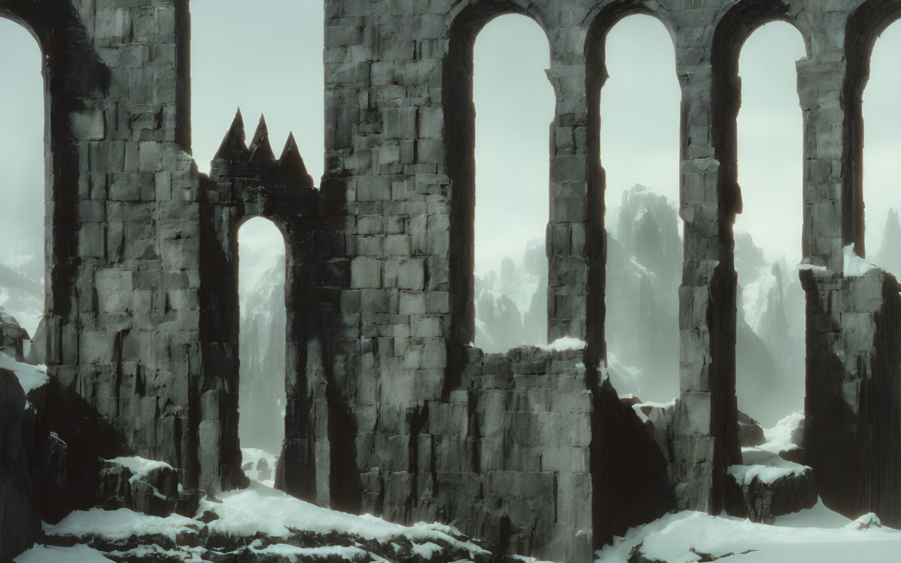 Snowy mountain landscape with ruined stone arches under overcast sky