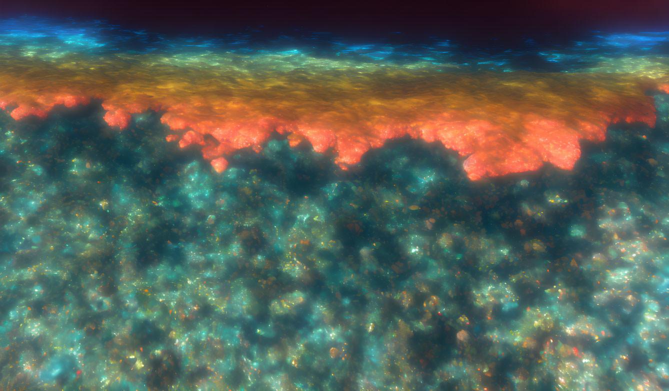 Colorful cosmic cloudscape with fiery orange formations on teal and blue starry background