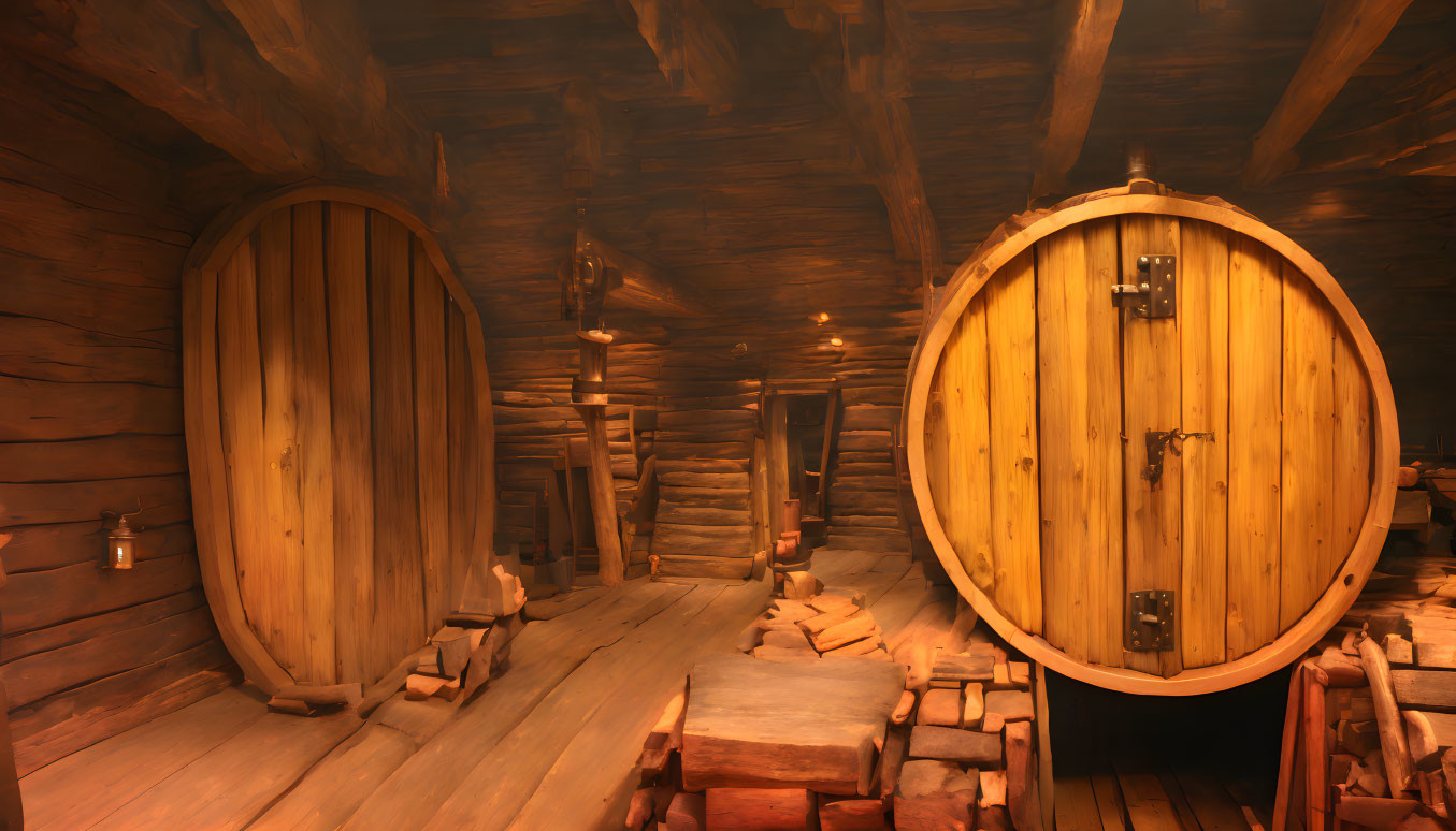 Warmly Lit Hobbit-Style Wooden Interior with Round Doors