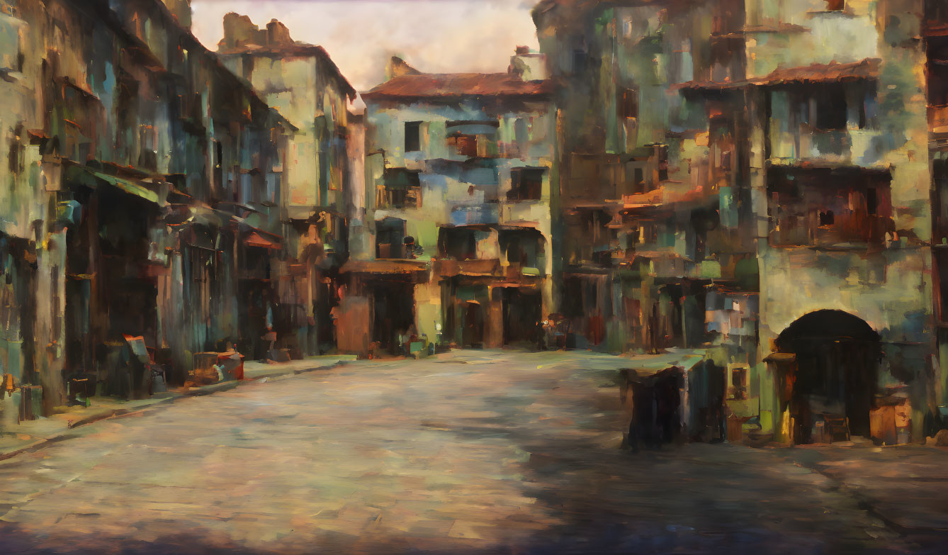 Old Street Oil Painting with Warm Sunlight and Dilapidated Buildings