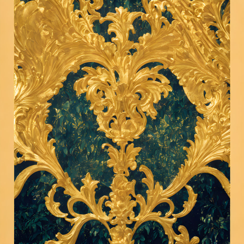 Golden baroque scrollwork on blue-green textured background - Luxurious design & intricate craftsmanship