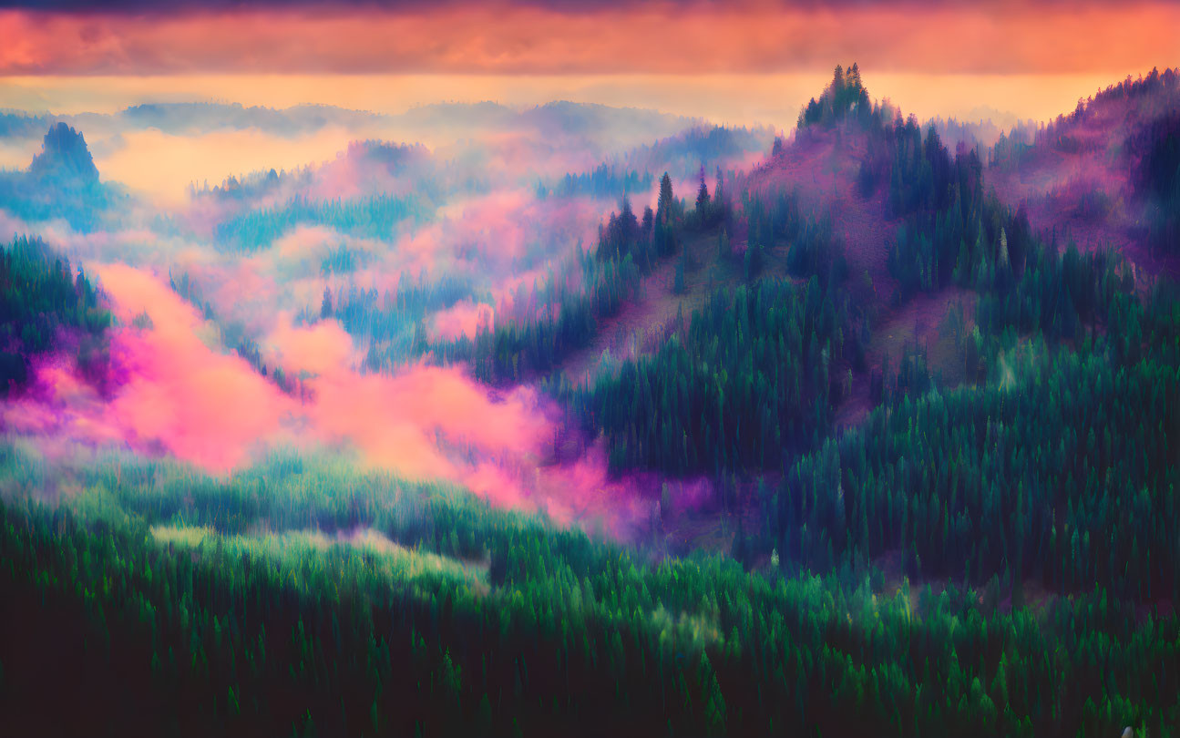 Colorful sunrise over misty forest and rolling hills landscape