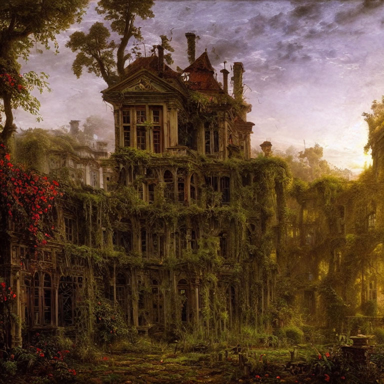 Victorian mansion covered in ivy and vines at twilight with wild garden.