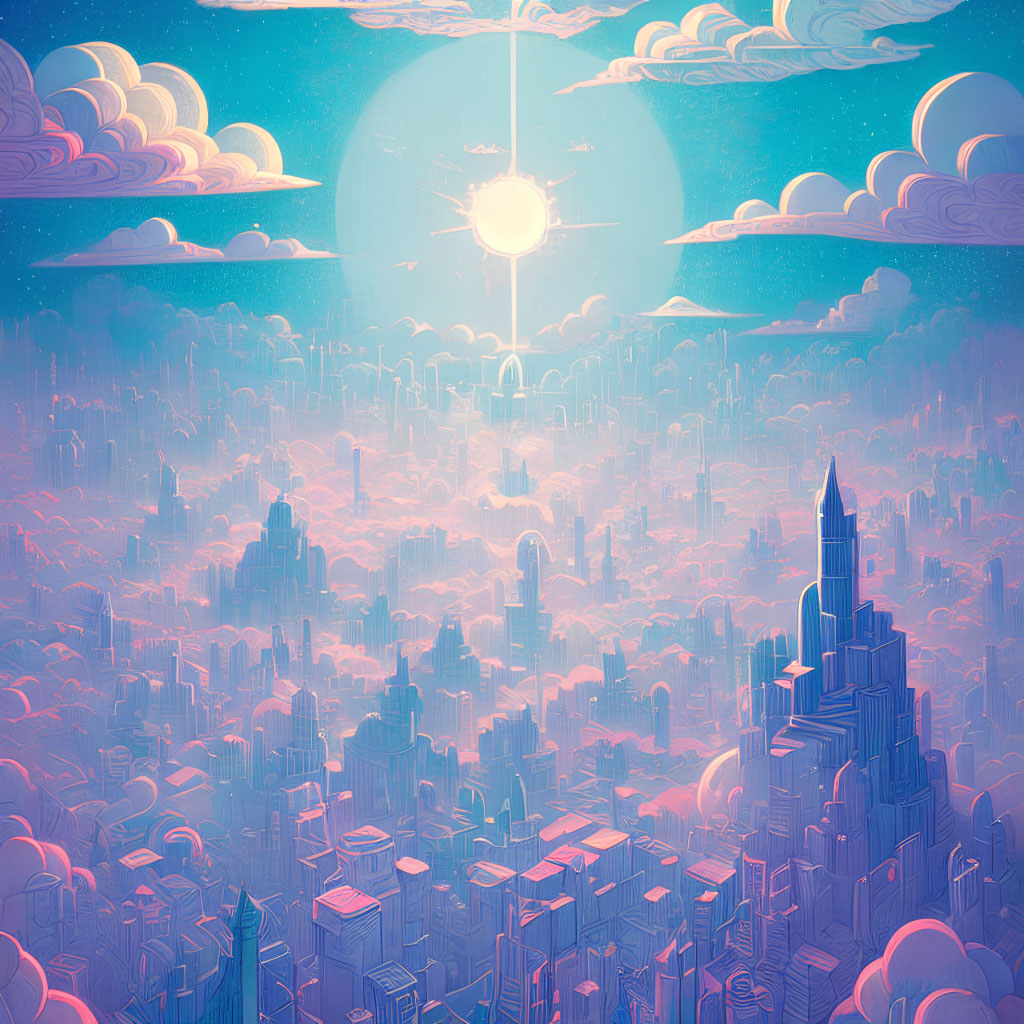 Colorful fantastical cityscape with whimsical sunlit clouds and surreal skyscrapers