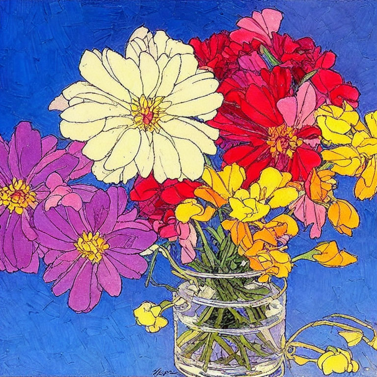 Colorful Flowers Bouquet in Glass Vase on Blue Textured Background