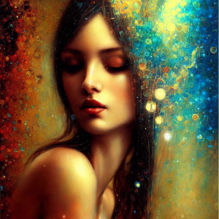 Digital painting of woman with dark hair in colorful, bokeh-like surroundings