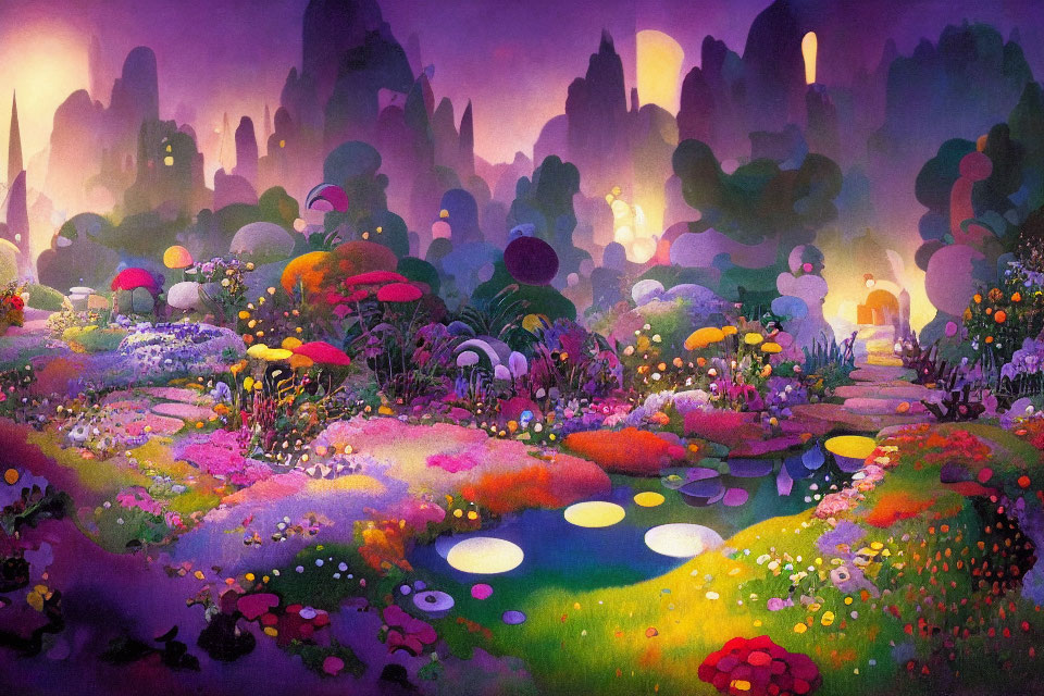 Colorful Landscape with Whimsical Flora, Glowing Lights, and Mysterious Path Towards Shadow