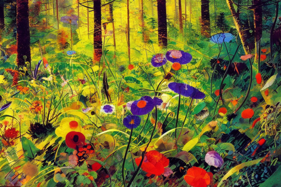 Lush forest painting with sunlight and wildflowers