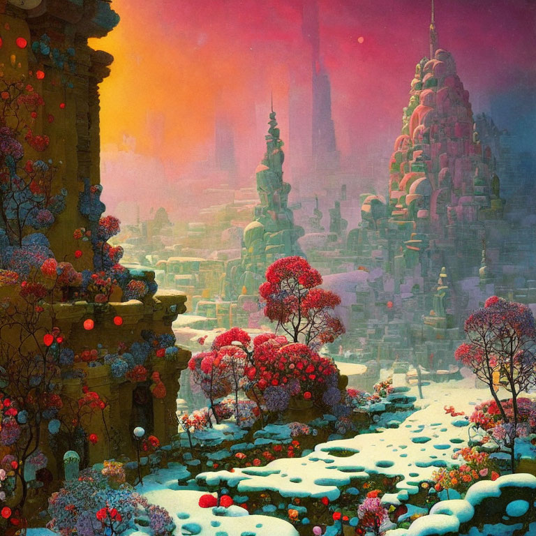 Vibrant red foliage on snowy ground with futuristic buildings in warm sky