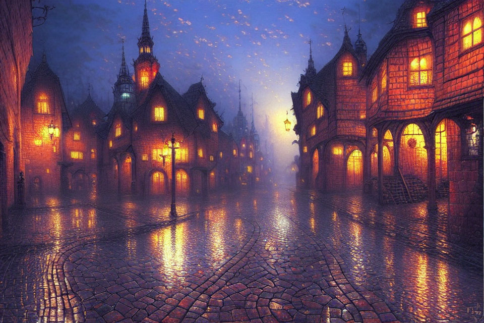 Medieval village cobblestone street at dusk with lantern-lit houses