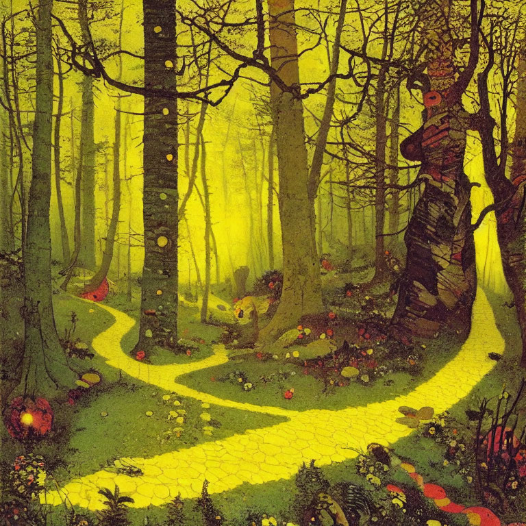 Enchanted forest with split yellow brick road, vibrant colors, fog, and magical creatures