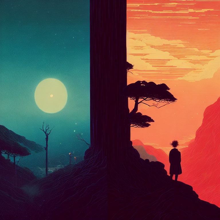 Person's Silhouette on Cliff Admiring Large Moon in Surreal Sunset Landscape