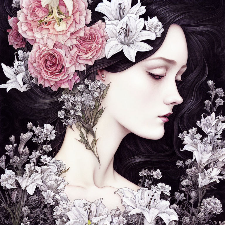 Woman with Dark Hair Surrounded by Intricate Flowers in Pink and White