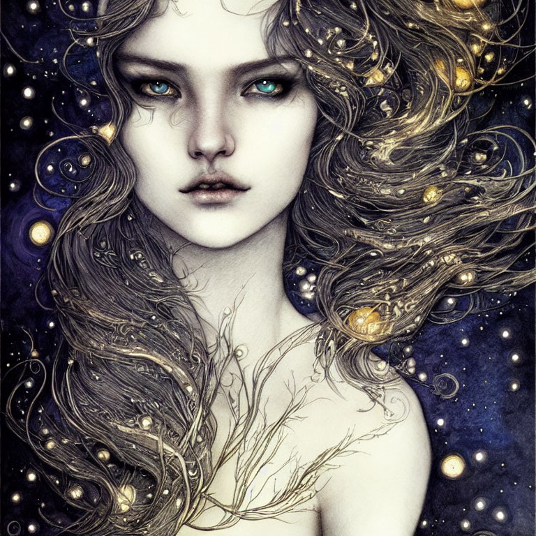 Mystical woman with flowing hair and celestial motifs