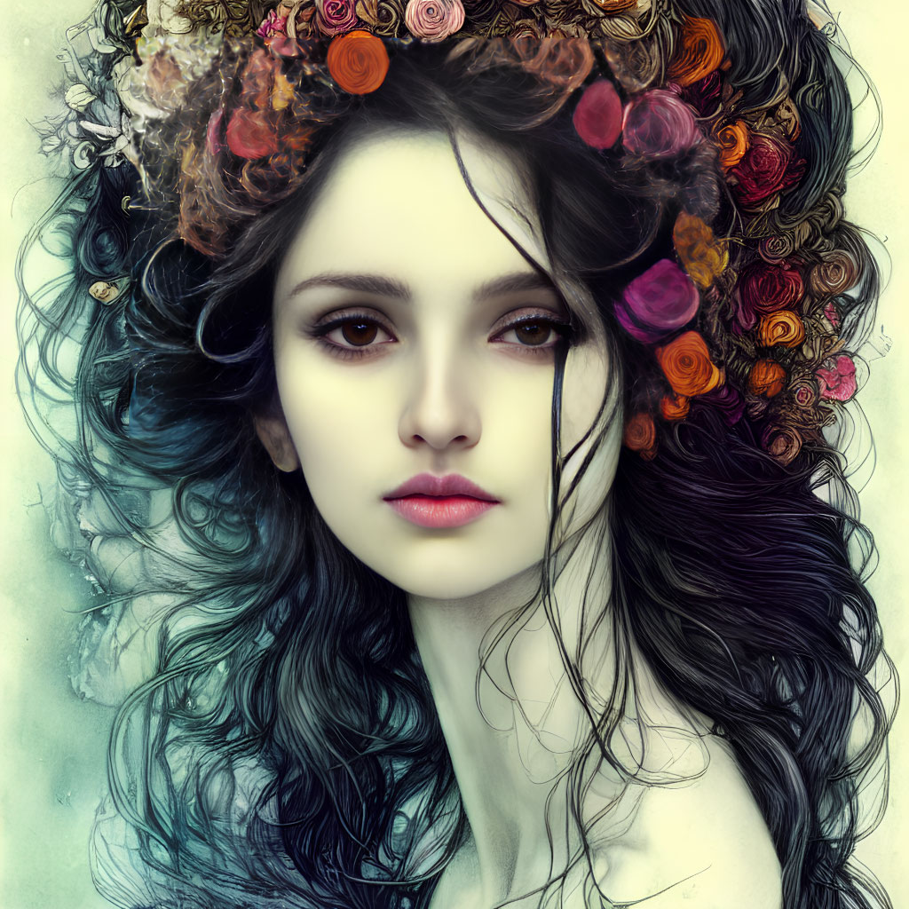 Portrait of Woman with Dark Hair and Colorful Flowers in Pale Skin