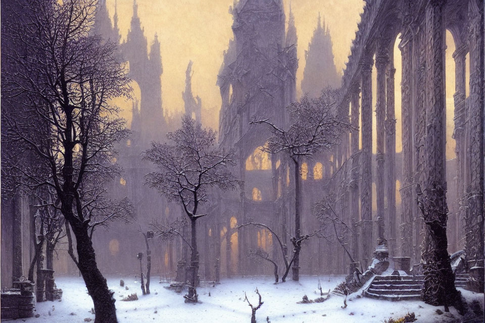 Snowy Gothic ruins with bare trees in dusk landscape