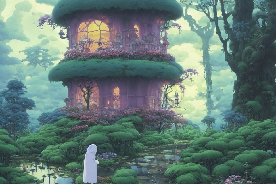 Fantastical illustration of figure by pond with whimsical treehouse in lush forest