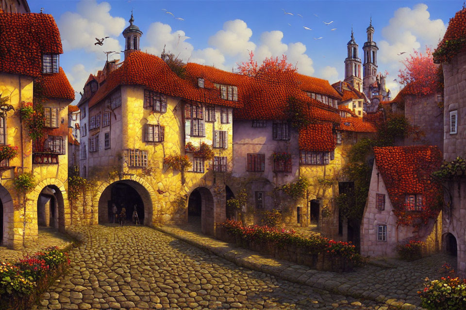 Medieval village scene with cobblestone streets, colorful cottages, blooming flowers, and stone