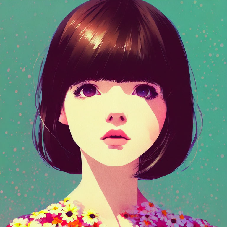 Girl with Large Eyes, Bob Haircut, Floral Dress on Teal Background