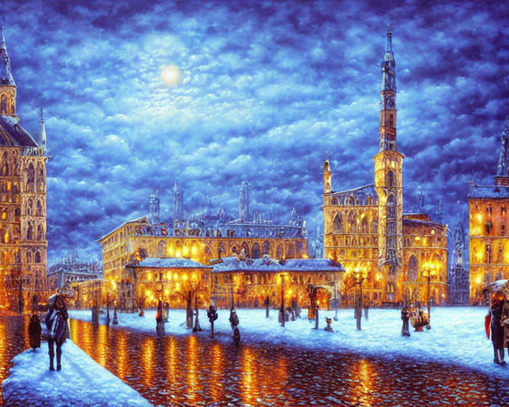 Snowy Square Night Scene with Historical Buildings and Moonlit Sky