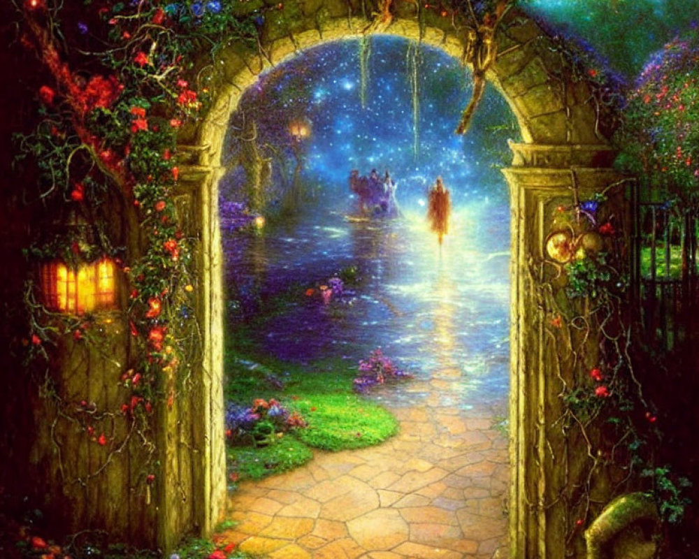 Enchanting garden path with mystical arch gateway, radiant flowers, lanterns, starry night sky