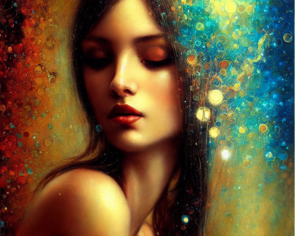 Digital painting of woman with dark hair in colorful, bokeh-like surroundings