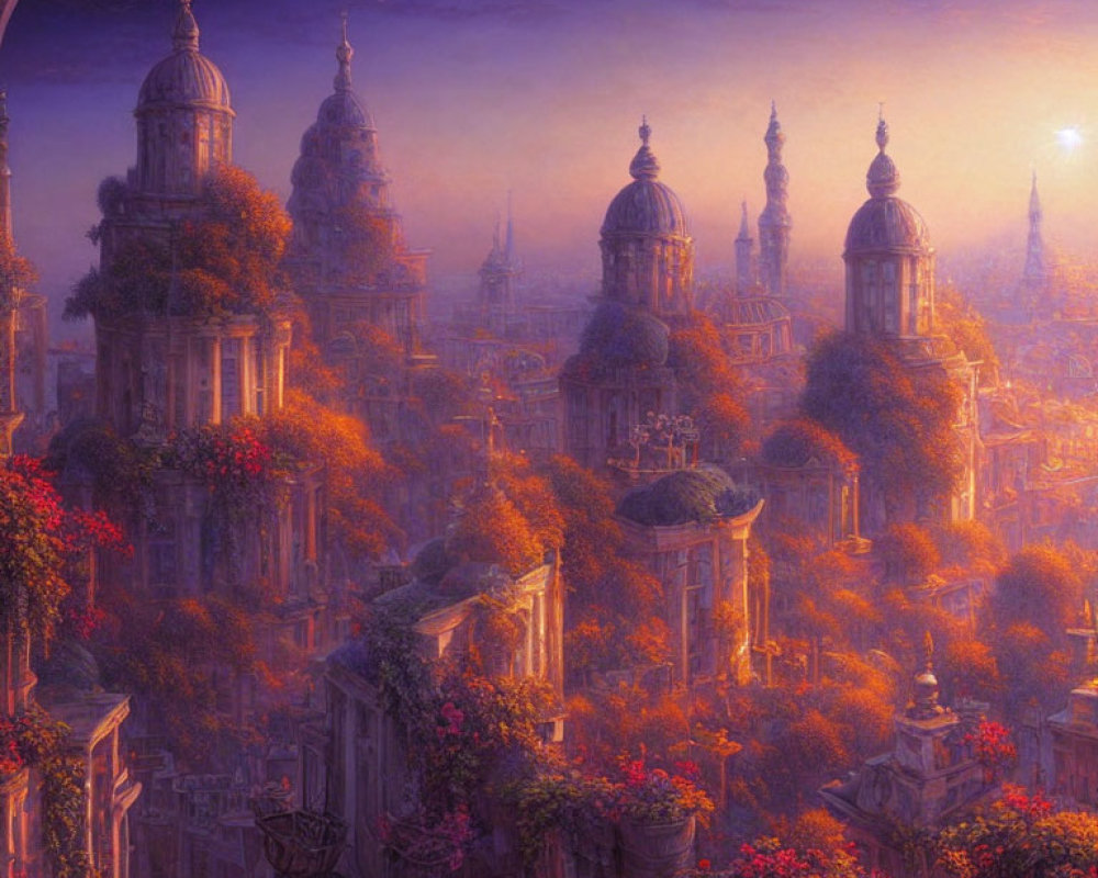 Fantastical cityscape at dusk with ornate buildings and vibrant flora.