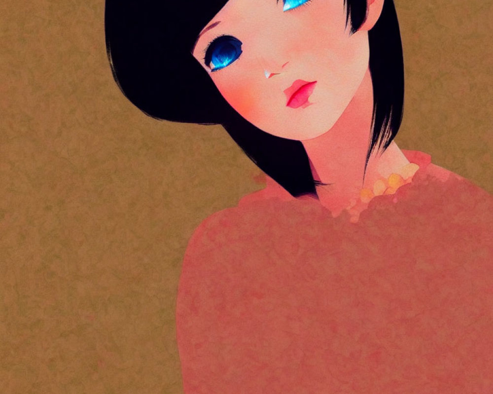 Girl with Bobbed Black Hair and Blue Eyes in Warm-Toned Top