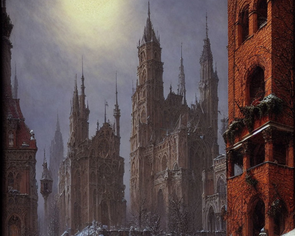 Gothic snow-covered cityscape with towering spires at night