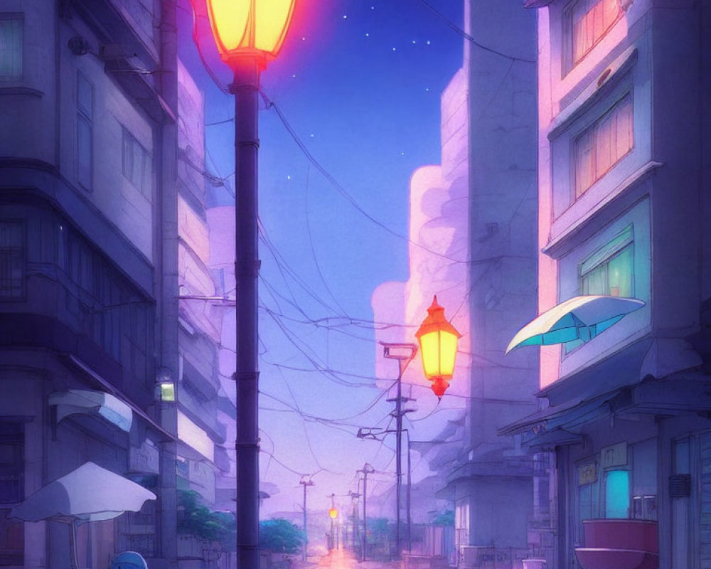 Tranquil city street at twilight with glowing street lamps and purple sky