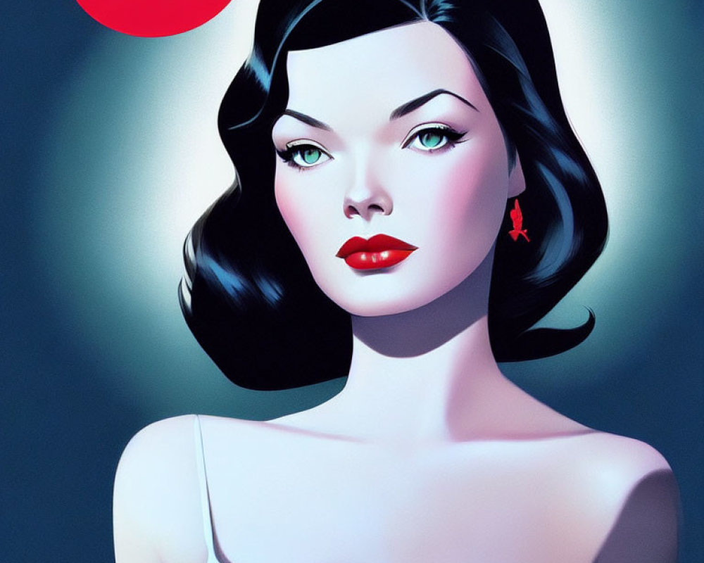 Stylized illustration of woman with dark hair, blue eyes, red lipstick, white dress