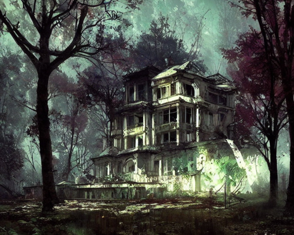 Abandoned mansion in twilight forest with eerie atmosphere